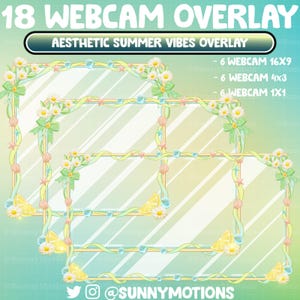 Puede incluir: Un conjunto de 18 superposiciones de cámara web con un tema de verano con limones, conchas y margaritas. Las superposiciones están en tres relaciones de aspecto diferentes: 16x9, 4x3 y 1x1. El texto "18 WEBCAM OVERLAY" y "AESTHETIC SUMMER VIBES OVERLAY" está en la parte superior de la imagen. El texto "6 WEBCAM 16X9", "6 WEBCAM 4x3" y "6 WEBCAM 1X1" está en el lado derecho de la imagen. El texto "@SUNNYMOTIONS" está en la parte inferior de la imagen.