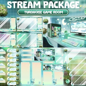 May include: A turquoise and green themed Twitch stream package with a gaming room background. The package includes a variety of overlays, panels, and alerts. The text "STREAM PACKAGE" and "TURQUOISE GAME ROOM" is displayed at the top of the image. The text "Be Right Back" is displayed on a computer monitor.