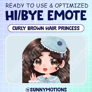 Kawaii Chibi Emotes / Cute Girl / Hi, Bye Princess Emote / Curly Brown Hair, Eyes Emotes For Twitch, Discord, Mixer / Emotes Starter Pack