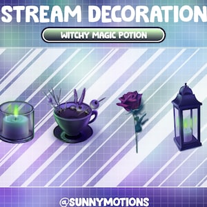 May include: Four purple and green witchy themed stream decorations: a candle in a glass jar, a teacup with a potion, a single rose, and a lantern with a candle.