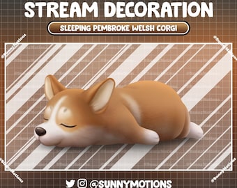 May include: A 3D illustration of a sleeping Pembroke Welsh Corgi dog. The dog is brown and white with its eyes closed. The dog is lying on its side with its paws tucked under its body. The background is a brown and white checkered pattern.