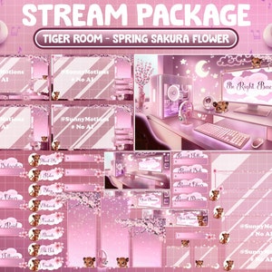 Könnte beinhalten: Ein pink-weißes Twitch-Stream-Paket mit Tiger-Motiv. Das Paket enthält eine Vielzahl von Overlays, Panels und Benachrichtigungen. Die Overlays haben ein pink-weißes Farbschema mit einem Tiger- und Kirschblüten-Design. Die Panels umfassen ein "Be Right Back"-Panel, ein "Neuer Abonnent"-Panel, ein "Neuer Cheer"-Panel, ein "Neuer Raid"-Panel und ein "Neuer Follower"-Panel. Die Benachrichtigungen umfassen eine "Neues Follow"-Benachrichtigung, eine "Neues Sub"-Benachrichtigung, eine "Neues Cheer"-Benachrichtigung und eine "Neues Spenden"-Benachrichtigung.
