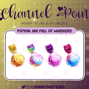 4 points de chaîne Twitch Cool Cat Moustaches, pot de potion plein d&#39;émoticônes de pièces de monnaie, joli dessin de banderole chaton pastel, badges Gamer Sub Bit