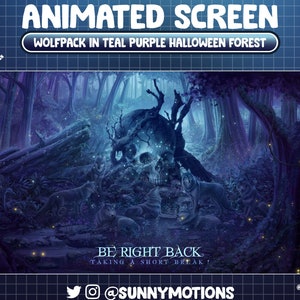 ANIMATED Stream Screen: Wolfpack Protect Skull In Teal Purple Halloween Forest, Aesthetic Wolf Family Twitch Overlay Glowing Dust Dark Scene