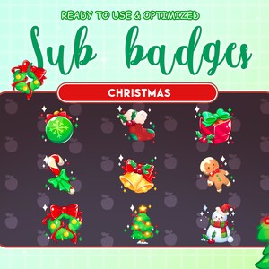 Puede incluir: Un conjunto de 10 insignias de suscripción de Twitch con temática navideña que presentan una variedad de diseños festivos, que incluyen una corona, una media, una caja de regalo, un bastón de caramelo, campanas, un hombre de jengibre, un árbol de Navidad y un muñeco de nieve. Las insignias se muestran sobre un fondo oscuro con una pancarta roja que dice "NAVIDAD".