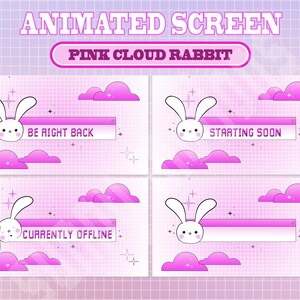 5x Animated Twitch Cute Pink Dreamy Cloud Bunny Screens / Animated Overlay Blue Theme / Kawaii / Streamer / Sparkle / Stream Labs Widgets