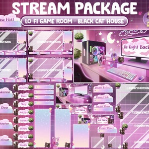 ANIMATED Twitch Overlay Stream Package: Lo-fi Aesthetic Fluffy Grey Black Cat, Pink Plant Room / Cozy Kawaii Gamer Play Room / Kitty Alerts