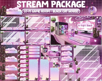 ANIMATED Stream Package: Lo-fi Pink Gaming Desk Setup, Fluffy Gray Black Cat Twitch Overlay, Plant Room, Neon Lightning, Heart, Star, Clouds