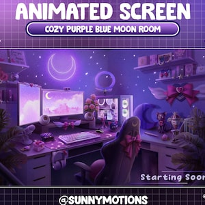 ANIMATED Twitch Stream Screen: Aesthetic Cozy Moon Girl Game Set Up Room / Angle Wing, Neon Purple Blue Night / Rose, Plant, Heart, Pink Bow