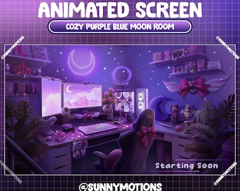 ANIMATED Twitch Stream Screen: Aesthetic Cozy Moon Girl Game Set Up Room / Angle Wing, Neon Purple Blue Night / Rose, Plant, Heart, Pink Bow