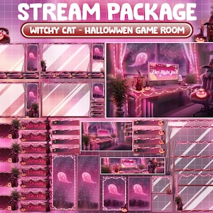 ANIMATED Twitch Overlay Stream Package / Lo-fi Red Aesthetic Halloween PC Room: Bat Plant, Evil Pumpkin, Ghost Candles, Hat Witchy Black Cat