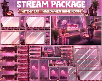 ANIMATED Twitch Overlay Stream Package / Lo-fi Red Aesthetic Halloween PC Room: Bat Plant, Evil Pumpkin, Ghost Candles, Hat Witchy Black Cat