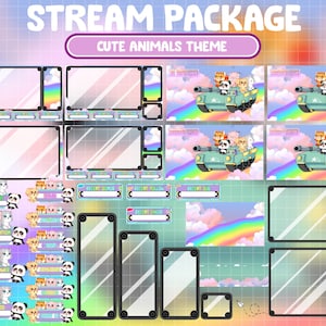 FULL ANIMATED Cute Animals On Tank Twitch Overlay Stream Package  / Rainbow Sky / Dreamy Cloud / Kawaii Red Panda, Panda, Puppy, Kitty Piggy