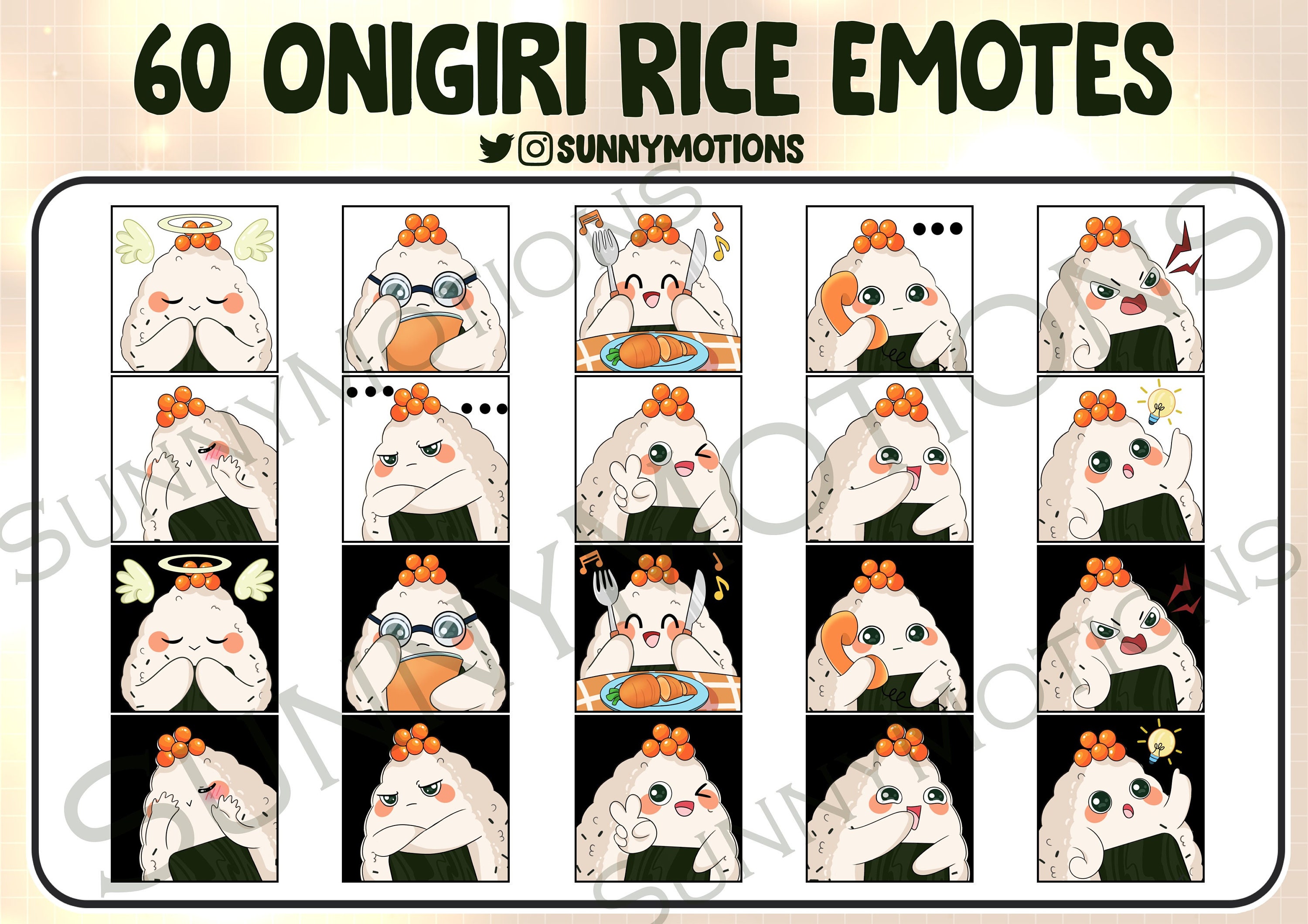60x Cute Chibi Onigiri Rice Twitch Discord Mixer Youtube Emotes, Kawai ...