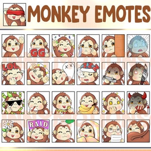 May include: A set of 36 monkey emoji illustrations with different expressions and accessories. The emojis are brown with white eyes and are set against a light orange background. The text "MONKEY EMOTES" is at the top of the image.