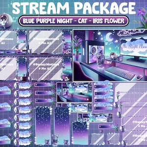Pacchetto streaming ANIMATO in sovrapposizione Twitch: estetica Lo-fi Vibe Neon Blue Purple Sala giochi, gatto, gattino, fiore di iris, avvisi scene notturne stellate