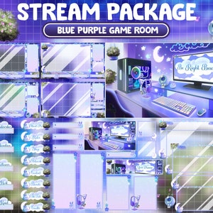 Pacchetto streaming ANIMATO Twitch Overlay / Camera da letto estetica blu viola / Lo-fi / Casa con piante retrò / Accogliente sala giochi per giocatori / Avviso schermo coniglio