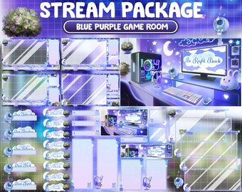 ANIMATED Twitch Overlay Stream Package / Lo-fi Aesthetic Blue Purple Bedroom / Retro Plant House / Cozy Gamer Play Room /Rabbit Screen Alert