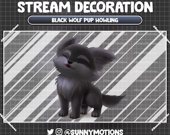 Animated Stream Decoration: Aesthetic Cute Black Wolf Pup Howling, Baby Wolf Cub Twitch Overlay, Animals Wild Forest Spirit Pup Vtuber Asset