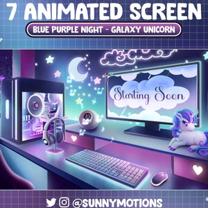 Peut inclure: Un écran d'ordinateur affichant le texte "Starting Soon". L'écran est sur un fond à thème galactique avec des étoiles, des nuages et un croissant de lune. Une licorne avec une crinière bleue et violette est assise sur le bureau devant l'écran. Le bureau est également décoré d'un clavier, d'une souris, d'un casque et d'une tour d'ordinateur.