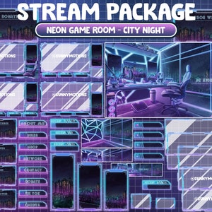 Animated Twitch Stream Package Overlay: Cyberpunk Futuristic Neon Game Room / Glitch Sci Fi Retro Raining Night Motor City / Detroit Skyline
