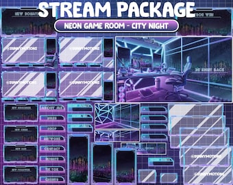 Puede incluir: Un paquete de transmisión digital con un tema de ciudad nocturna de neón. El diseño presenta una sala de juegos futurista con un telón de fondo de paisaje urbano. Incluye varios elementos de superposición con texto como "Nueva donación", "Acerca de mí" y "Vuelvo enseguida". La combinación de colores es púrpura y azul.