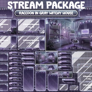 ANIMATED Stream Package: Raccoon Sleeping Gray Purple Witchy Celestial Game Room, Halloween House Raining Night, Fairy Light Twitch Overlay