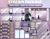 ANIMATED Twitch Overlay Stream Package: Lo-fi Cozy Black Cat Looking Rainbow / Purple Sunny Day / Soft Morning / Plant Garden / Star Lights