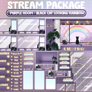Pacchetto streaming ANIMATO in sovrapposizione Twitch: Lo-fi, accogliente gatto nero dall&#39;aspetto arcobaleno / Giornata di sole viola / Mattino morbido / Giardino di piante / Luci stellari