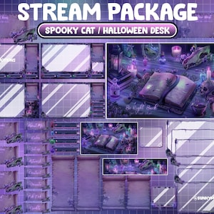 May include: A digital stream package with a spooky cat and Halloween theme. The design features various overlay elements, including chat boxes, alerts, and a "Be Right Back" screen, all in shades of purple and gray. The package includes a variety of graphics.