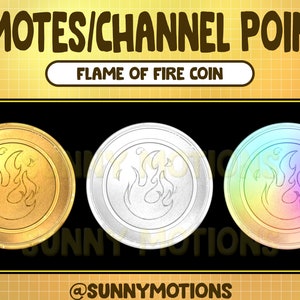 Puede incluir: Tres versiones de una moneda de oro, plata e iridiscente con un diseño de llama. Las monedas están etiquetadas como "Flame of Fire Coin".