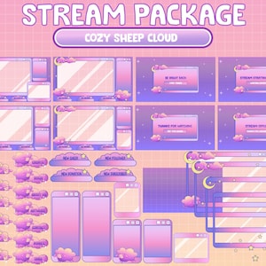Full Animated Twitch Overlay / Kawaii Cute Pastel Sheep Cloud / Vaporwave Pink Purple Magical Cloudy Aesthetic Stream Package / Sparkle Moon