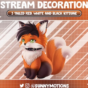 Decoración animada de transmisión: Kitsune rojo, blanco y negro de tres colas, zorro vaquero naranja, zorro japonés de fuego primaveral, superposición de Twitch Vtuber-Asset