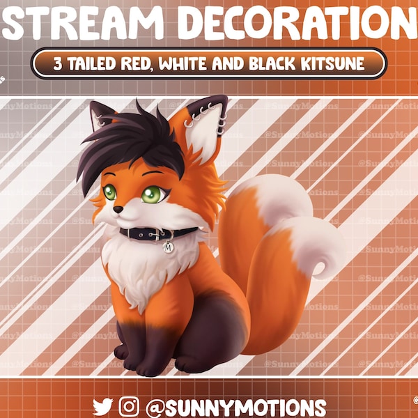 Animated Stream Decoration: 3 Tailed Red White & Black Kitsune, Orange Cowboy Man Fox, Spring Fire Japanese Foxy Twitch Overlay Vtuber-Asset