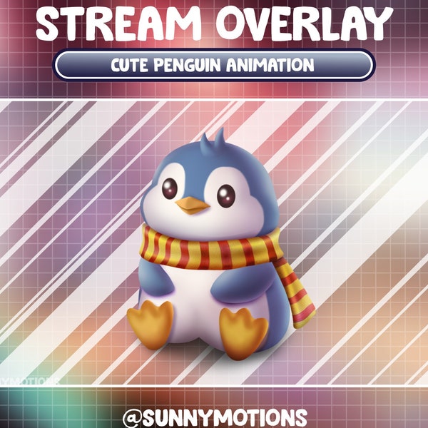 Animated Stream Decoration Soft Plushy Toy: Lo-fi Aesthetic Blue Penguin Wear Scarf / Cute Sea Animal Animation Add-on Kawaii Twitch Overlay