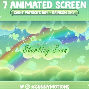7 Animated Green Cloud Sky Twitch Screen Overlay, Rainbow, Saint Patrick's Day Stream Scene, Clover Lucky Leaves, Shamrock Vtuber Background