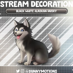 May include: Digital illustration of a black and white Alaskan Husky dog with blue eyes and a pink tongue. The image is labeled "STREAM DECORATION" and "BLACK WHITE ALASKAN HUSKY". The artist's social media handles are also included.
