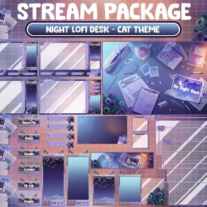 Op de afbeelding: Een paars en blauw Twitch-streampakket met een katten thema. Het pakket bevat een verscheidenheid aan overlays, panelen en meldingen. De overlays tonen een nachtelijke hemel met sterren en een kat die op een bureau zit. De panelen omvatten een "Nieuwe abonnee", "Nieuwe donatie", "Nieuwe raid", "Nieuwe volger", "Over mij", "Social media", "Contact" en "Credits" paneel. De meldingen omvatten een "Ik ben zo terug" melding.