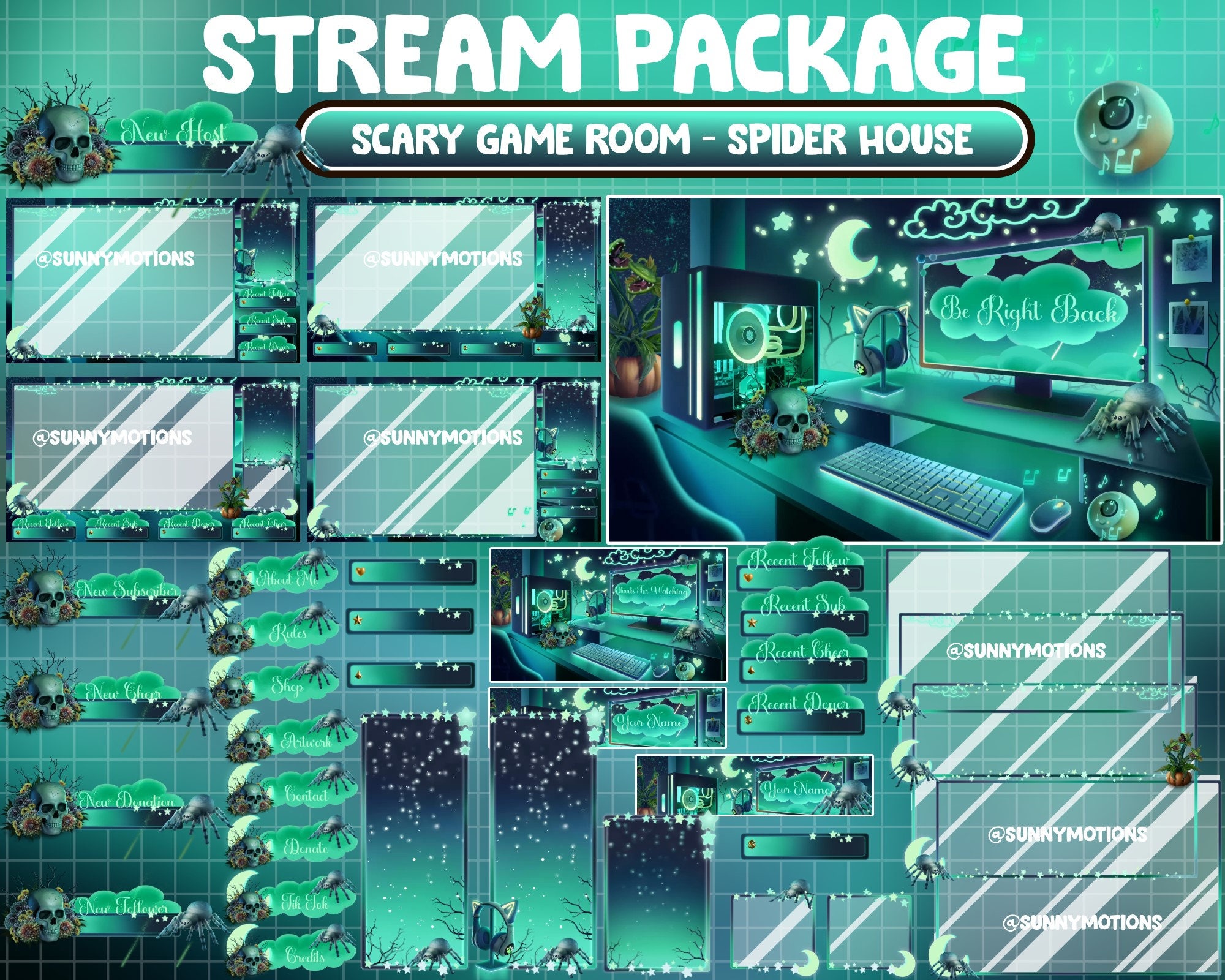 Animated Twitch Stream Package Overlay / Dark Green Halloween PC Game Room / Retro Lo-fi Night / Cozy Aesthetic Spooky Spider House / Ghost
