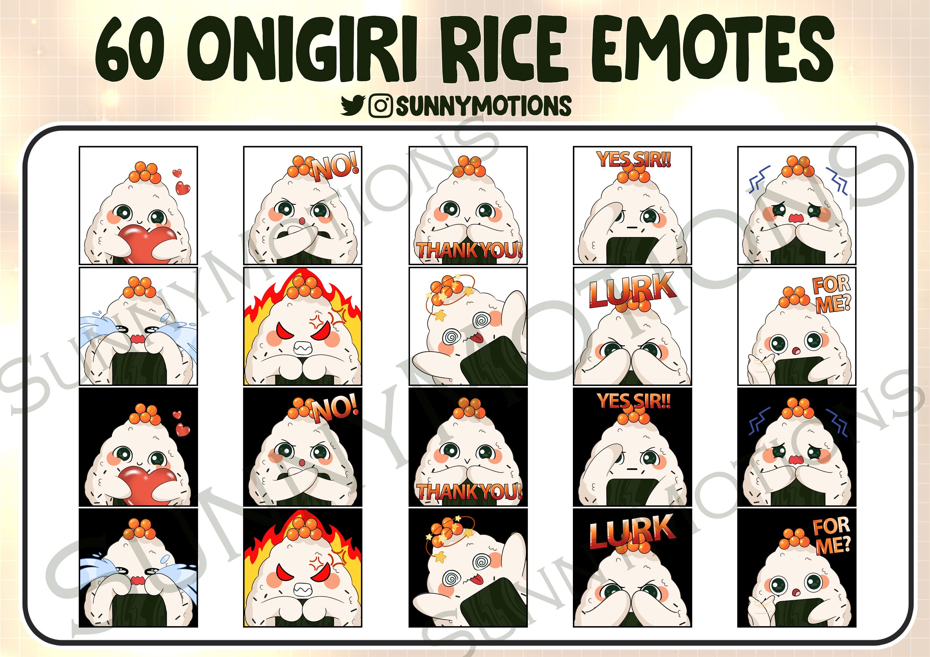 60x Cute Chibi Onigiri Rice Twitch Discord Mixer Youtube Emotes, Kawai ...