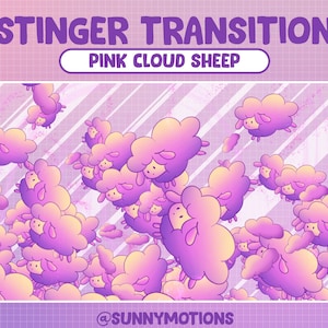 May include: A digital animation of pink and yellow sheep clouds with the text "STINGER TRANSITION PINK CLOUD SHEEP" and the social media handle "@SUNNYMOTIONS".
