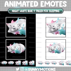 May include: Animated emoji set featuring a white fox with blue and pink tails sleeping. The fox has a white body with a pink nose and blue eyes. The fox is curled up in a ball with its tail wrapped around its body. The background is black and white.
