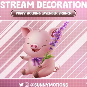Decoración de transmisión animada Animal juguete de peluche suave: Cerdito estético sosteniendo una rama de lavanda, superposición de Twitch del complemento de escritorio Kawaii Fairy Pig Lover