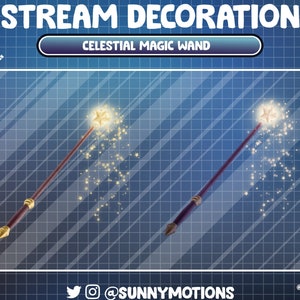 May include: A golden magic wand with a star on top and sparkling gold stars trailing behind it. The wand is on a blue grid background with the text "CELESTIAL MAGIC WAND" above it.