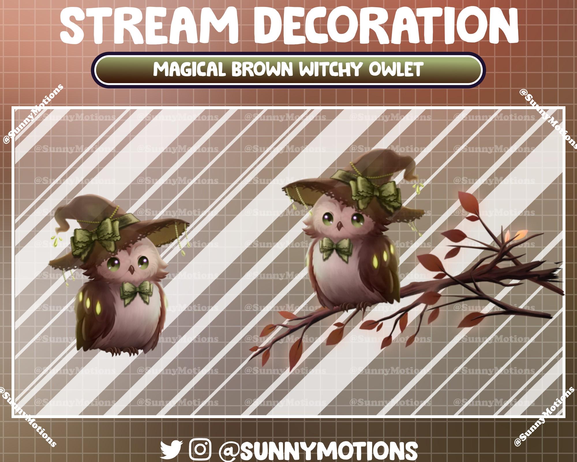2 Animated Stream Decoration: Aesthetic Magical Brown Witchy Owlet, Cute Midnight Owl Twitch Overlay