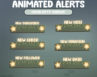 6x Animated Twitch Cute Pastel Green Star Wooden Signboards Overlay Alerts / Black Cat In Warm House Alerts / Kawaii / Streamer Aesthetic
