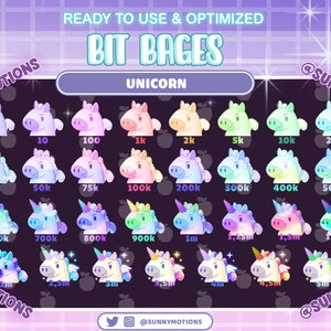 Op de afbeelding: Een set van 20 unicorn bit badges in verschillende kleuren en maten, variërend van 1 tot 5 miljoen. De badges tonen een unicorn met een regenboogmanen en staart. De badges zijn klaar voor gebruik en geoptimaliseerd voor Twitch.