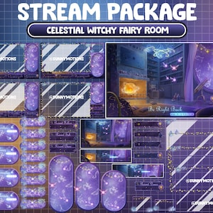Animated Twitch Stream Package Overlay: Purple Sparkle Fairies Flying In Celestial Room / Enchanted Astrology Sky Theme / Witchy Aesthetic