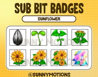 May include: A set of eight animated badges featuring different stages of a sunflower growing from a seed to a full bloom. The badges are labeled "SUB BIT BADGES" and "SUNFLOWER".