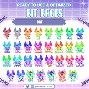 Könnte beinhalten: Ein Satz von 20 bunten Fledermaus-Abzeichen mit unterschiedlichen Bit-Zahlen von 1 bis 5 Millionen. Die Abzeichen sind mit einer niedlichen Cartoon-Fledermaus und einem Regenbogen-Verlauf gestaltet.